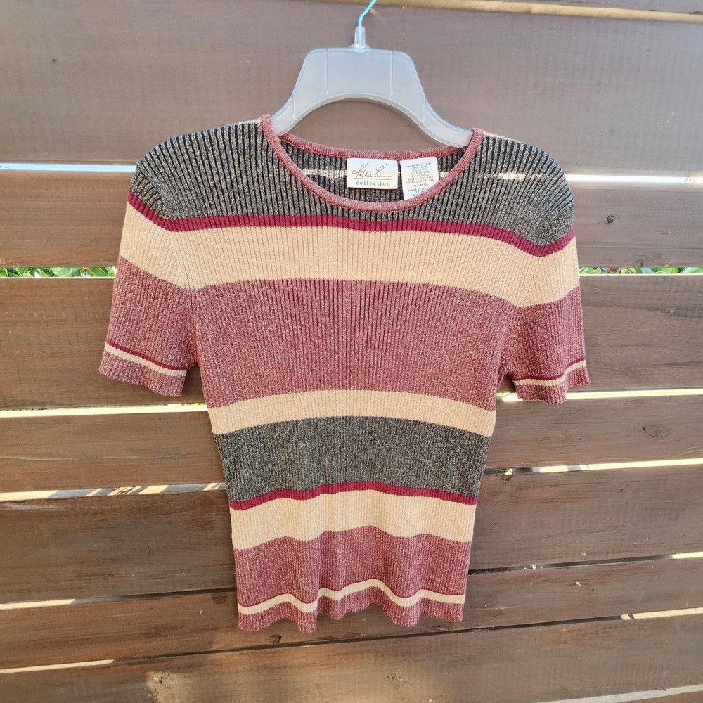 Vintage 90s Kathie Lee Shimmer Ribbed Striped Tee‎ S 4/6 Y2K Retro